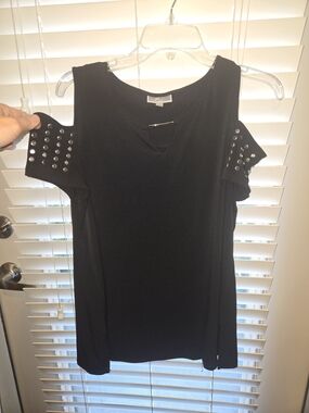 JM Collection Black Cold-Shoulder Studded Sleeve Blouse